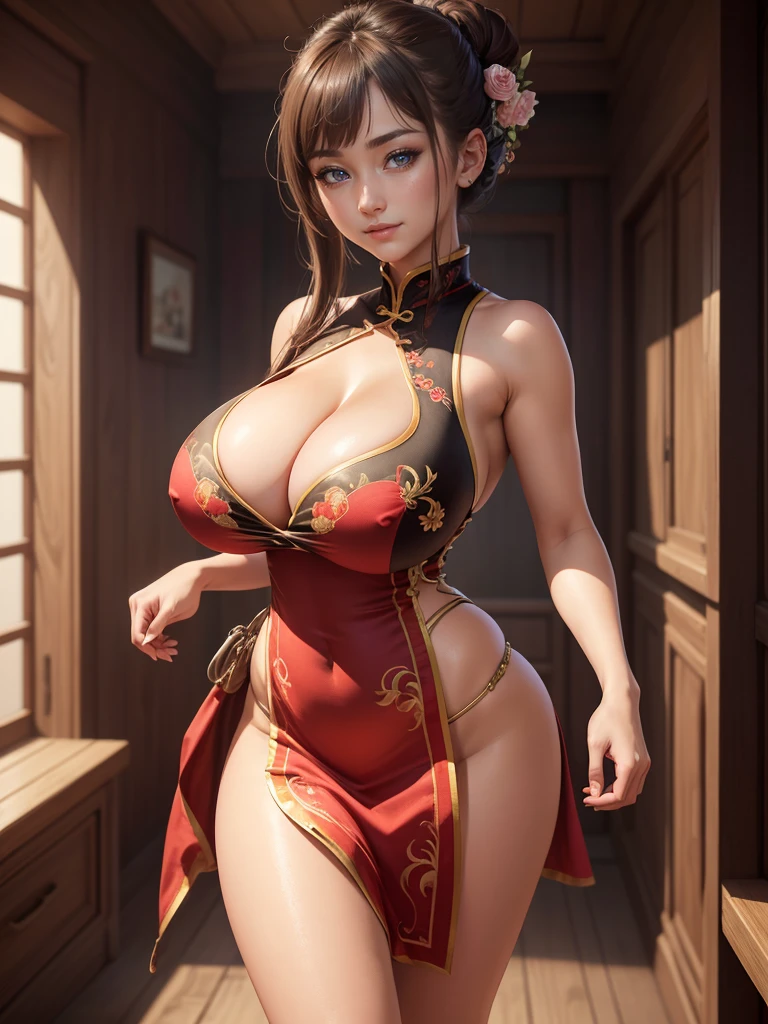 Highly detailed CG unit 8k wallpaper, masterpiece, High resolution, highest quality, highest quality real texture skin, Super Real, Digital Painting, Best image quality, 最High resolution, 8k, (((1 girl))), Very beautiful ager, ((Highly detailed eyes and face)), Beautiful eyes in every detail, (Full Body Shot), bare shoulders, china dress, chinese clothes, short dress, cleavage cutout, sideboob, thighs, chinese style embroidery, (gigantic breasts, sagging breasts, disproportionate breasts, huge breasts, sagging breasts, curvy), ((tanned skin)), smile,