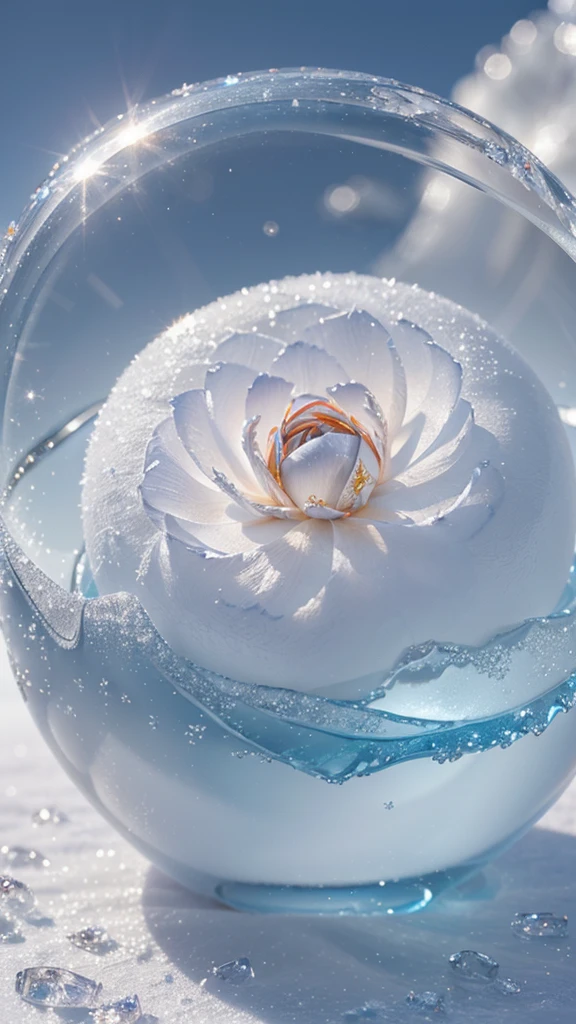 (best quality,ultra-detailed,realistic:1.37),frozen flower in an ice ball,transparent ice,beautiful detailed petals,delicate ice crystals,sparkling frost,subtle reflections,crystallized beauty,icy perfection,chilled elegance,vibrant colors,ethereal atmosphere,soft diffused light