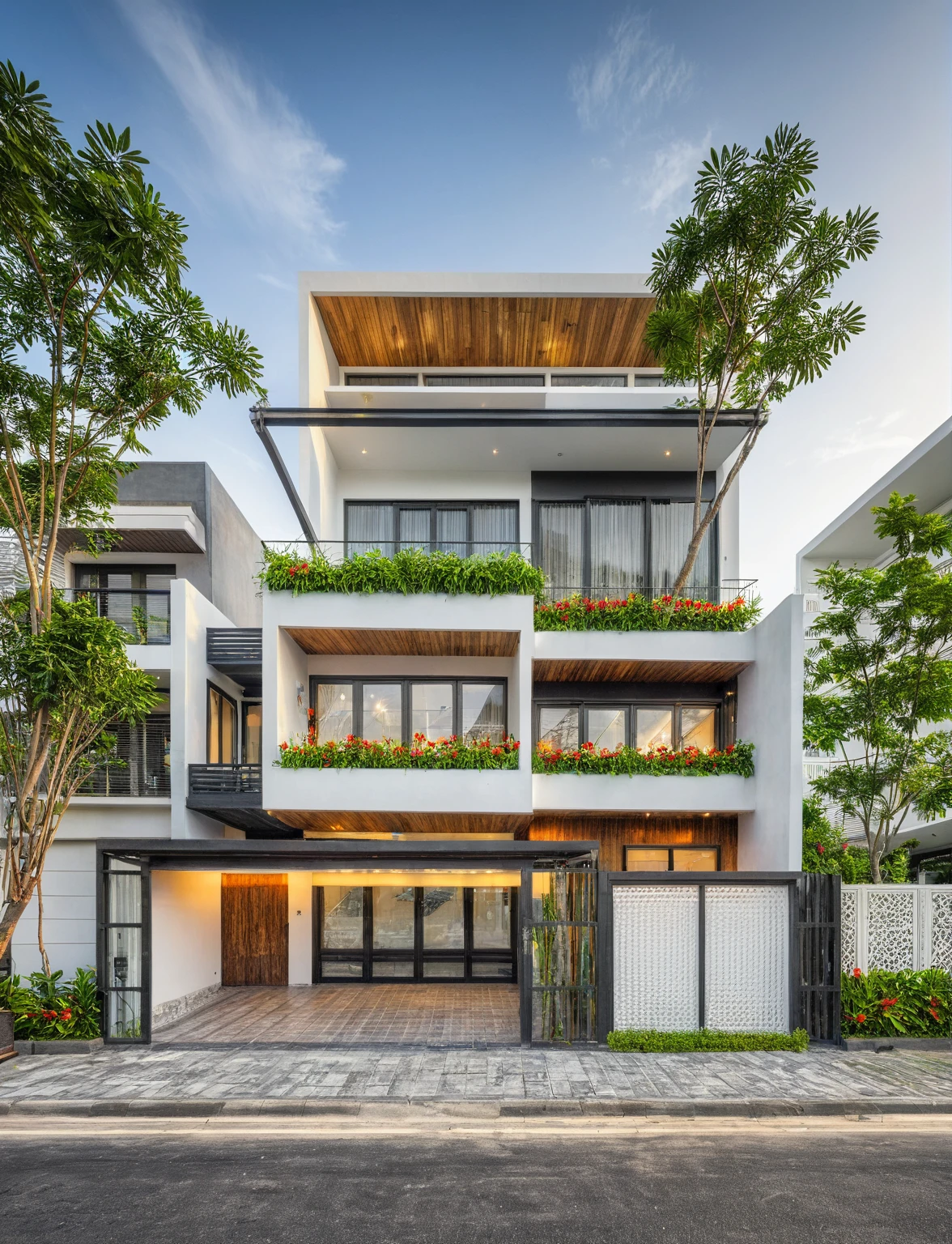 modern townhouse on street, (sunset), tropical tree, vivid colour, streetcapes, white tone, white wall, steel gate, rough white wall, large glass door, (warm interior lighting:1.2), wood and marble, best quality