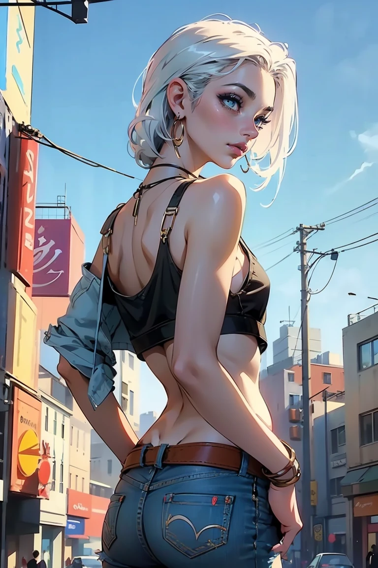 Goddess ((goddess-like woman)), slim elegant silhouette, masterpiece, (close angle), best quality, pale skin, fair skin, sweet face, (masterpiece:1,2, best quality), (real picture, intricate details), (1 lady , solo, medium tits, slim waistline, ), ((Jinx/LOL)),WHITE HAIR, a woman withe White short hair, White hair, aqua eyes, she has an impressive presence., short hair, bracelet, hoop earrings, jewelry, beautiful face, beautiful eyes, Side Pose, Side View, She is wearing a white simple tank top under a denim jacket and hip pants, simple Tanktop, Open Denim Jacket , beautiful back, back view, upperbody view, sweet irresistible smile, elegant pose, elegant hands, beautiful hands, perfect fingers,, background: She is standing in a Big city, busy city, dance club, outside, blue sky,