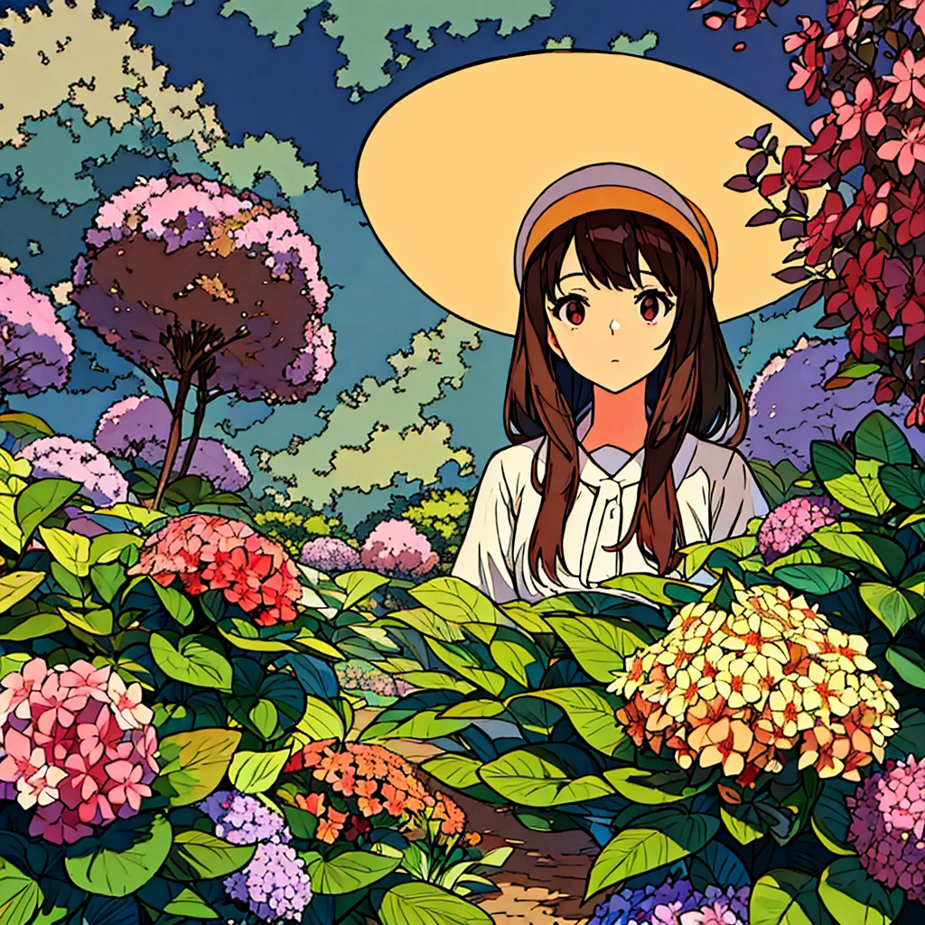  Straw hat girl, brown hair, hydrangea flower, nostalgic, simple scenery, expressionless, plain background