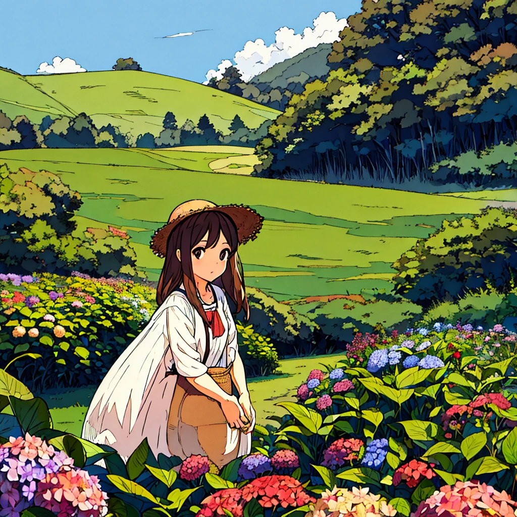 Straw hat girl, brown hair, hydrangea flower, nostalgic, simple scenery, expressionless, plain background