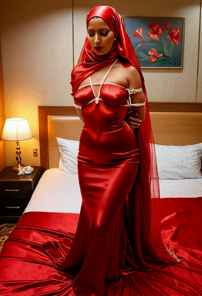 A indo woman in the translucent red gown, tight full body tied, satin sheet, nipple on with nipple piercing, wearing translucent veils, eyes blinded with red satin fabric, satin hijab, full body, long satin,mermaid tight long gown, flowy dramatic long gown, tall women, in hotel room, strugle to walk, wear high heels, satin bed cover, masterpice, hyper reallistic, perfect lightning.