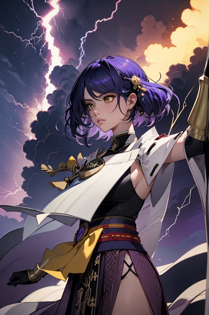 1 female woman solo, yellow eyes, blue hair, reb bird head hair accessory, black and white kimono miko outfit, big yellow bow on red belt, black gloves, golden details,kujousaradef kujousararnd,r1ge, purple storm clouds, purple lightning bolts around her, cinematic shot, dramatic light