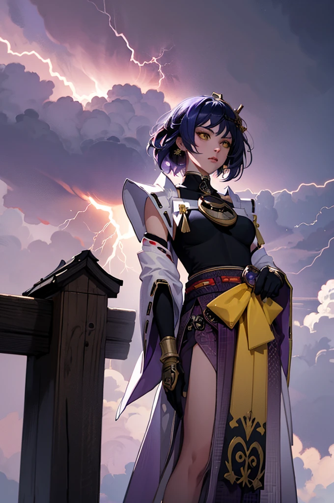 1 female woman solo, yellow eyes, blue hair, reb bird head hair accessory, black and white kimono miko outfit, big yellow bow on red belt, black gloves, golden details,kujousaradef kujousararnd,r1ge, purple storm clouds, purple lightning bolts around her, cinematic shot, dramatic light