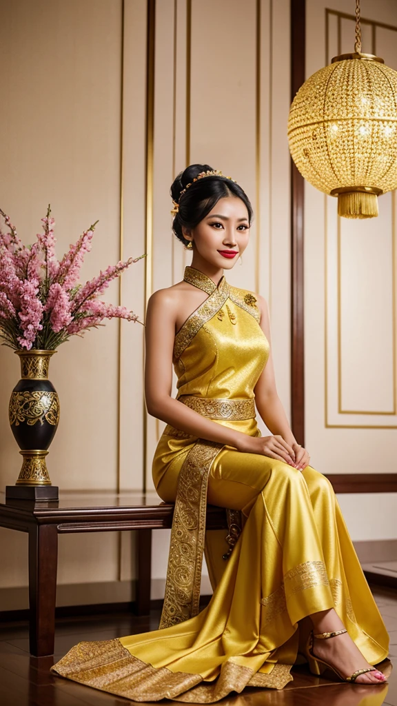 realistic photography, 3d, full body; A young Indonesian woman, with a beautiful clean face, black eyes, red lipstick lips, charming gentle smile, dressed in traditional Asian/Balinese clothes with an elegant yellow kebaya decorated with sequins and intricate beads. She sat gracefully, her hair was neatly styled/in a neat bun and decorated with pink flowers, her hands were in a namaste gesture. The background is luxurious with flower vases and artistic decorations that add to the impression of luxury. detailed, ultra hd,