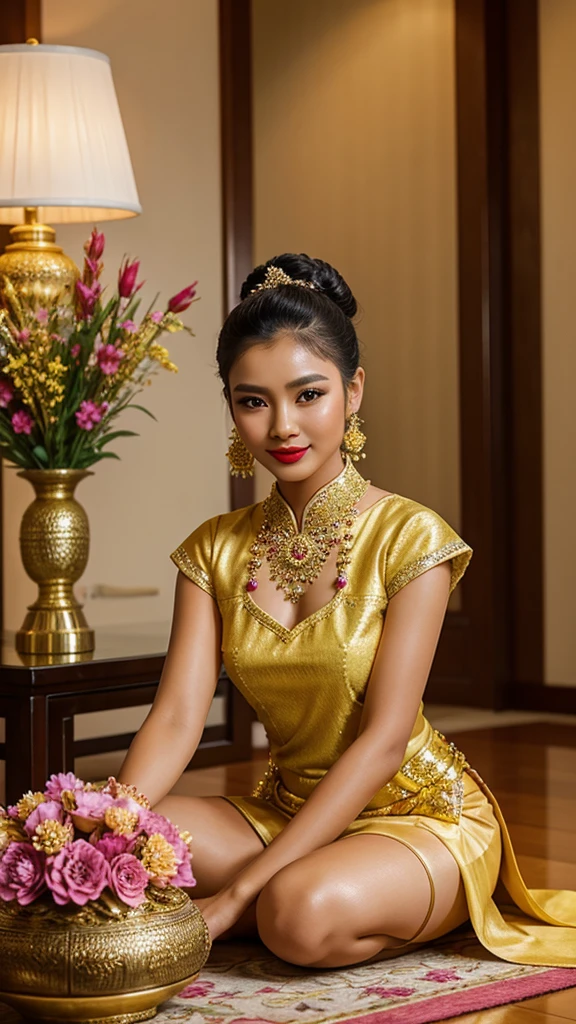 realistic photography, 3d, full body; A young Indonesian woman, with a beautiful clean face, black eyes, red lipstick lips, charming gentle smile, dressed in traditional Asian/Balinese clothes with an elegant yellow kebaya decorated with sequins and intricate beads. She sat gracefully, her hair was neatly styled/in a neat bun and decorated with pink flowers, her hands were in a namaste gesture. The background is luxurious with flower vases and artistic decorations that add to the impression of luxury. detailed, ultra hd,