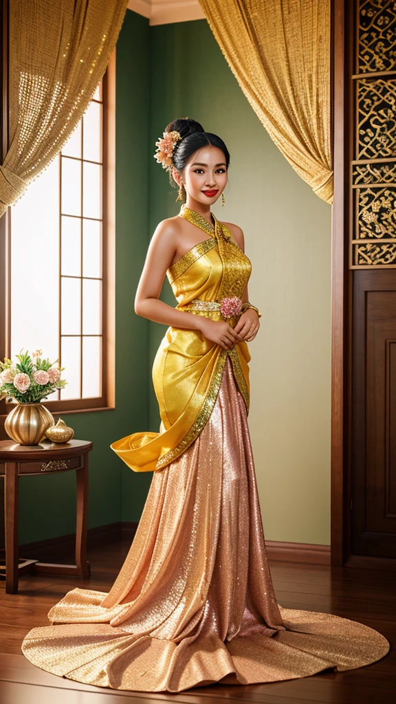 realistic photography, 3d, full body;  A young Indonesian woman, with a beautiful clean face, black eyes, red lipstick lips, charming gentle smile, dressed in traditional Asian/Balinese clothes with an elegant yellow kebaya decorated with sequins and intricate beads.  She sat gracefully, her hair was neatly styled/in a neat bun and decorated with pink flowers, her hands were in a namaste gesture.  The background is luxurious with flower vases and artistic decorations that add to the impression of luxury.  detailed, ultra hd,