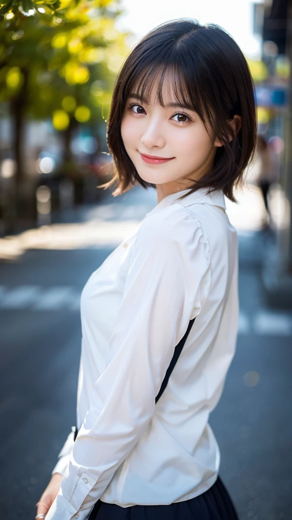 (Highest quality,masterpiece:1.3,Ultra-high resolution),(Very detailed,Caustics,8K),(Realistic:1.4,RAW shooting),1 Girl,(I'm looking at the camera with a smile on my face),20-year-old,cute,Japanese,Short black hair,Long sleeve blouse,big ,Bust up shot,street,Face Focus,sunlight,Natural light,(Backlight),(A bright light shines from behind),(Lens flare),Professional Writing,(Low position:1.1),(Low - Angle:1.1)