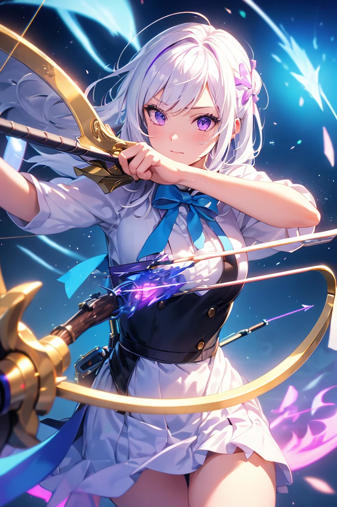 (masterpiece, best quality, chromatic aberration), colorful, 1girl, white hair, purple eyes, bow and arrow, wielding bow, archery, blue flames, glow, glowing weapon, light particles,