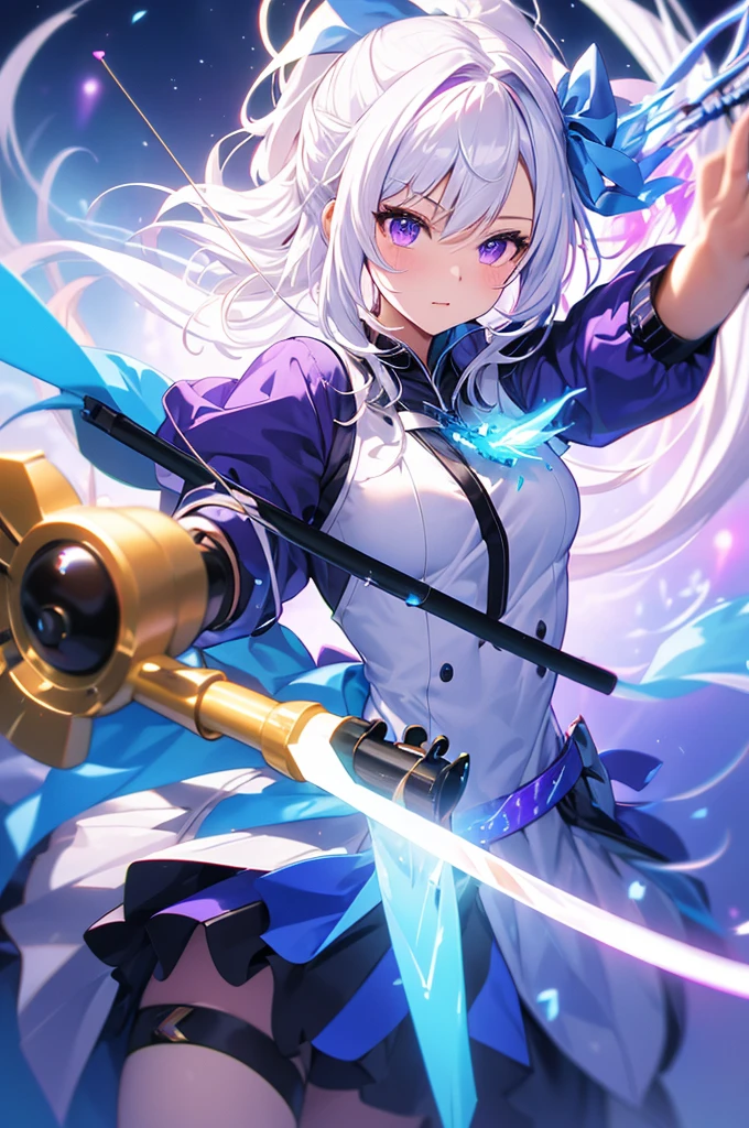 (masterpiece, best quality, chromatic aberration), colorful, 1girl, white hair, purple eyes, bow and arrow, wielding bow, archery, blue flames, glow, glowing weapon, light particles,