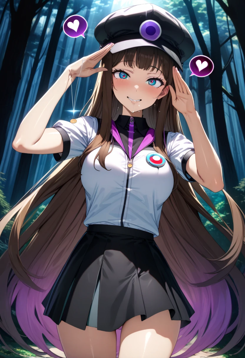 (masterpiece),(Highest quality),(Super detailed),(Best illustrations),(Best Shadow),(Absurd),(Detailed Background),(so beautiful),(in forest),(White Pokémon trainer outfit with skirt and cap), 16K, 8K,(Best illustrations),(so beautiful),(swinging pendulum, coin on string), (pendulum radiates purple energy waves) (full attention on pendulum) (salute stance), One person, alone, very long hair, brunette, Perfect figure, orgasm, afterglow, erotic smile, pokeball badge hair fastening, Sexy posture, pose towards camera, water eyes, saliva trail, , shiny skin, Taking illegal drugs, Clear liquid, morning, , Hypnosis assignment, mysterious, , spoken hearts, torogao, BREAK,