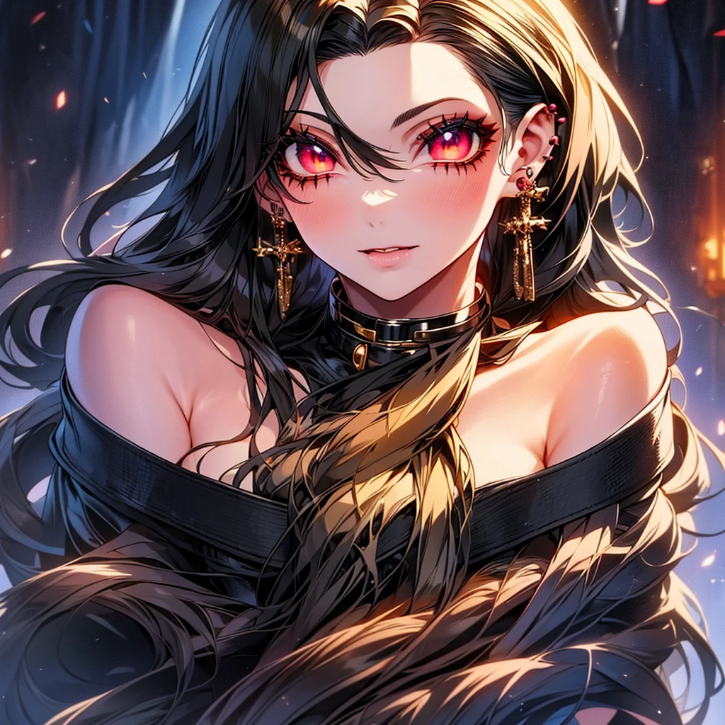 1 girl, solo, red eyes, cat ears, brunette, straight long hair, wearing bottom lip pierce, wearing earrings, wearing a black velvet choker, wearing a black velvet lingerie, sitting on couch, long eyelashes, wearing soft makeup