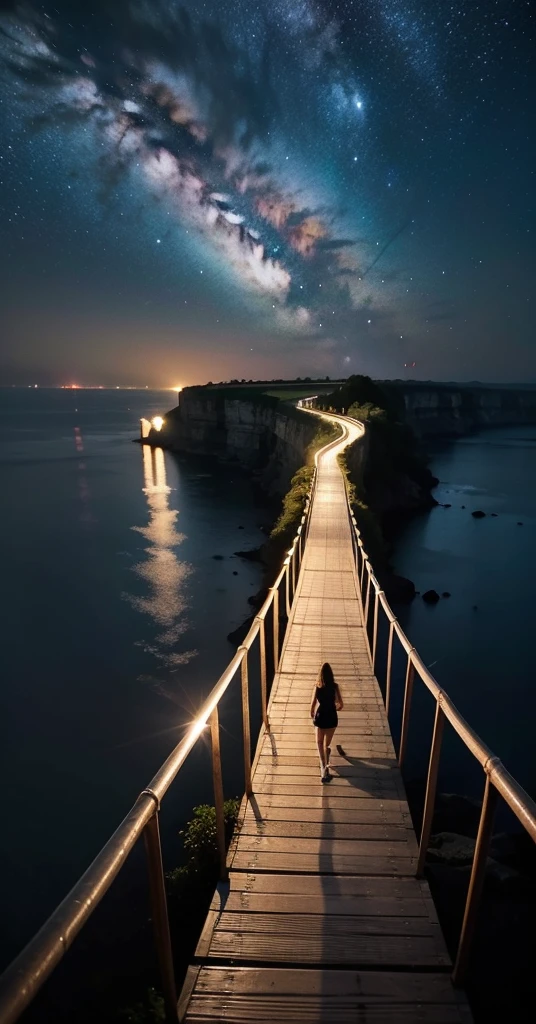 Entire scenery viewed from afar, Two cliffs facing each other, no people allowed, no buildings allowed, rocky, a shallow long linear wooden bridge that connects two cliffs, weather: rain, no fog allowed, no clouds allowed, a lot of stars on the sky.