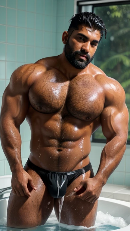 there is a handsome sexy huge body indian latino man hunk with wider huge hairy chest, big hairy arms, wide biceps, triceps, wrist, huge wide hairy legs, thighs, huge wide bulge that is bathing in the bathroom, water dripping off him, webcam footage, ymmm and that smell, shot on webcam, smooth blue skin, the extremely hot and sexy, carnal ) wet, dripping black goo, sweaty. steam in air, webcam, highly realistic. live cam, seduction, erotic, , water dripping on bodyand underwear, wetty underwear, playing hard with his bulge, seductive pornography, realistic, transparent wetty underwear with big fatty dick and testicles, big balls, weared wetty transparent white shirt