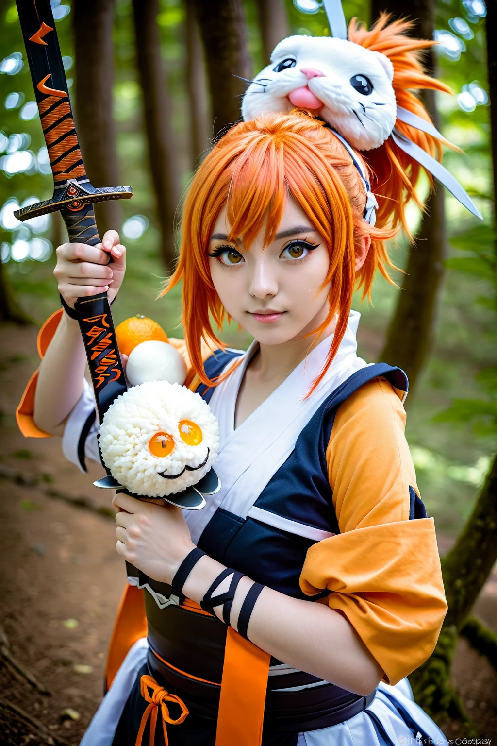 anime cosplay - style girl with orange hair holding a sword and an onigiri, anime cosplay, orange - haired anime boy, ginko showing a new mushi, anime style mixed with fujifilm, anime girl cosplay, cosplay photo, ichigo kurosaki, professional cosplay, cosplay, ichigo, rin, ayaka cosplay, inspired by Matsumura Goshun, full-cosplay