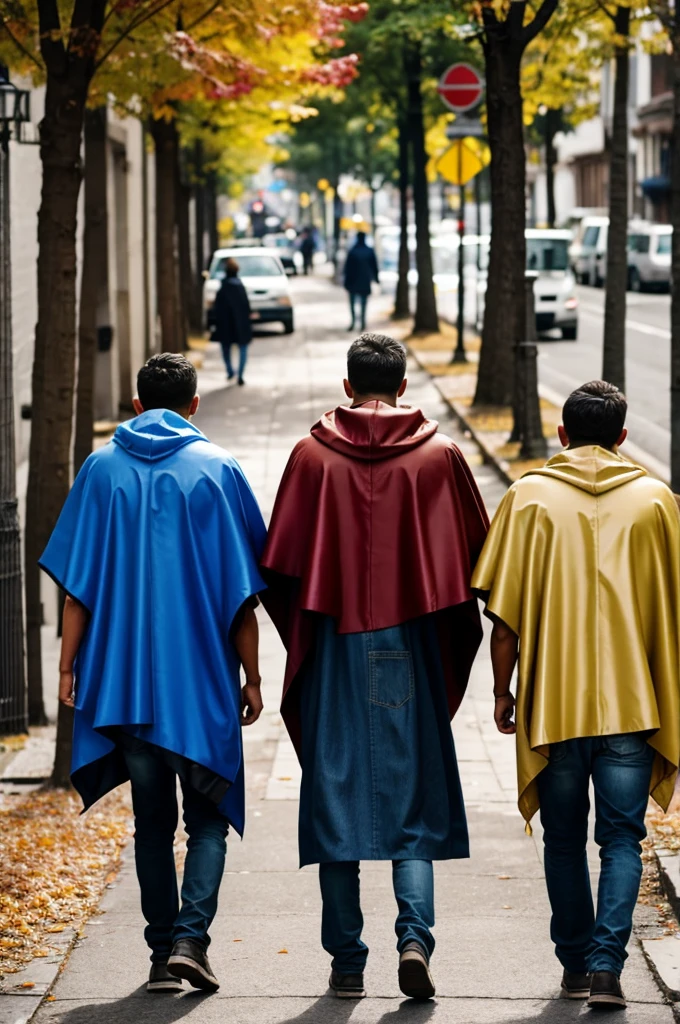 Three men with ponchos on their backs walking