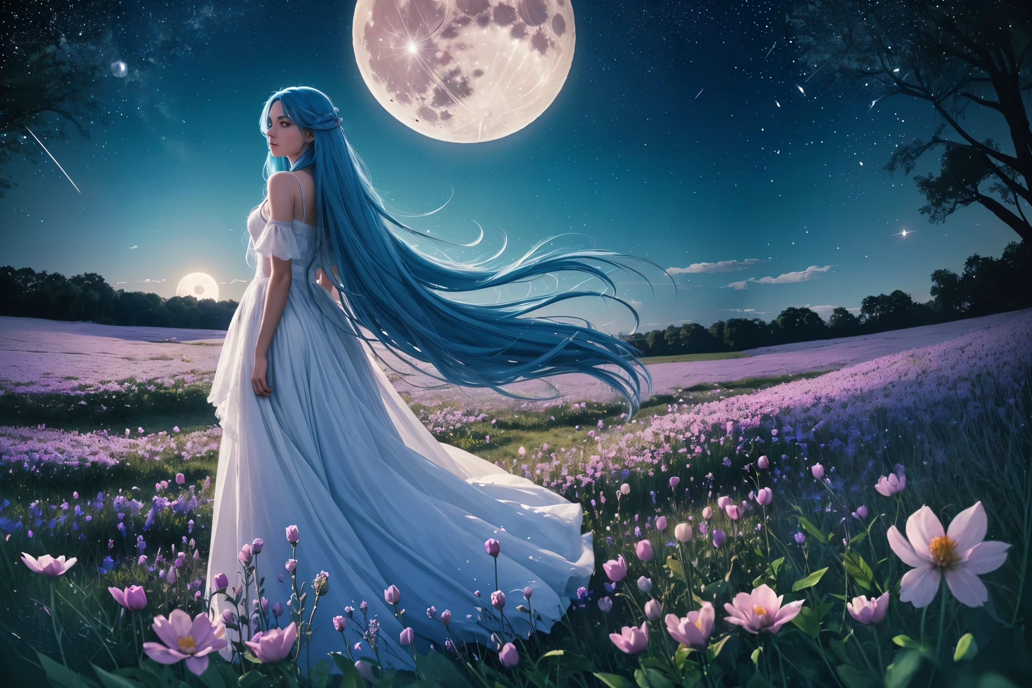 Field of flowers, fireflies, full moon, beautiful woman, blue hair, sparkling blue eyes