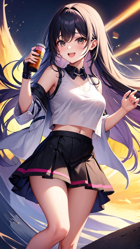 Holding an energy drink in one hand,、A cheerful older sister