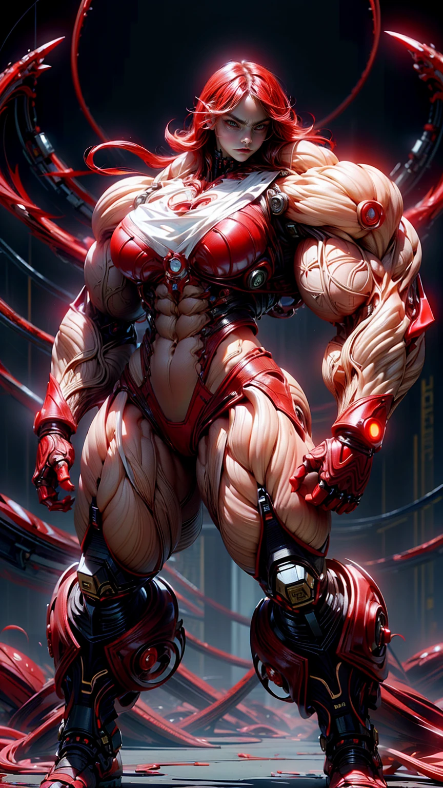 (beautiful girl:1.25), (megan fox:1.25), (young bodybuilder girl wearing cybernetic muscle suit:1.25), carnage muscular physique, seductive face, mouth wide open carnage style, long red hair, perfect muscular body, super skinny legs, sissy, femboy, (carnage style physique)