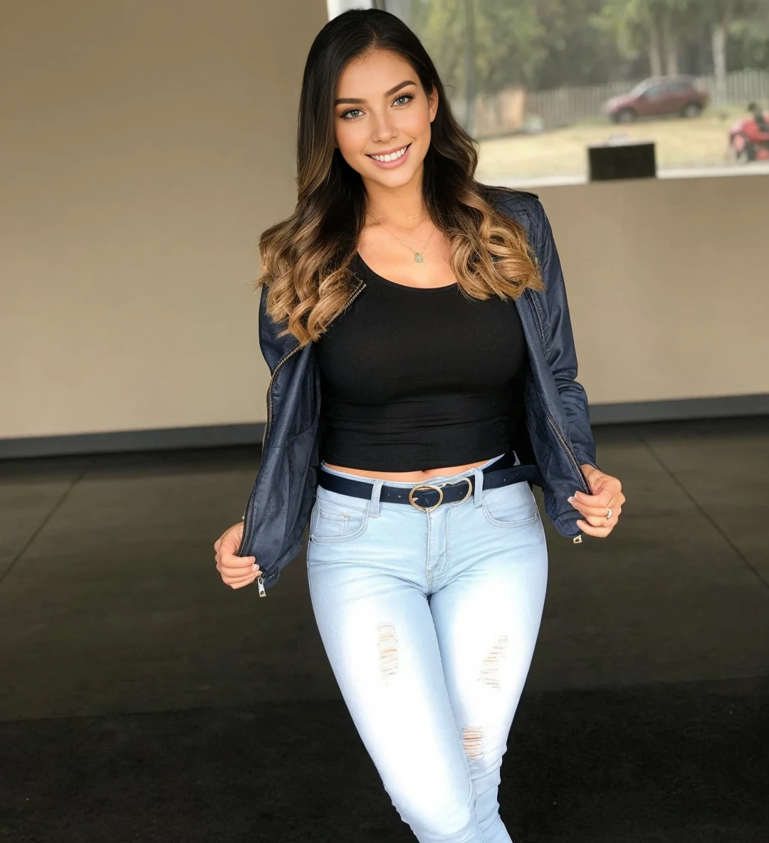 Foto hiperrealista en primer plano de Emily Sears, masterpiece, best quality, (photorealistic:1.4), full body, (navy blue turtleneck long sleeve slim top:1.1), (army green tactical straight pants:1.2), farm outside, bright green grass, summer day, cinematic light, beautiful woman, skinny, large big breasts, high sleek ponytail blond hair, detailed face, smile, facing the camera, photo taken from a distance, age of 20 years old, photo with her butt