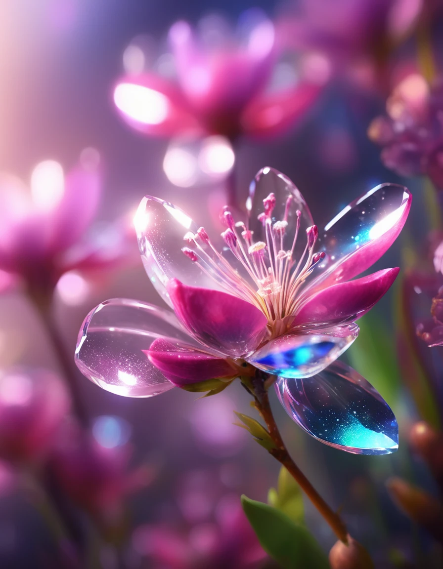 crystal spring blossom,
fantasy, galaxy, transparent, 
shimmering, sparkling, splendid, colorful, 
magical photography, dramatic lighting, photo realism, ultra-detailed, 4k, Depth of field, High-resolution