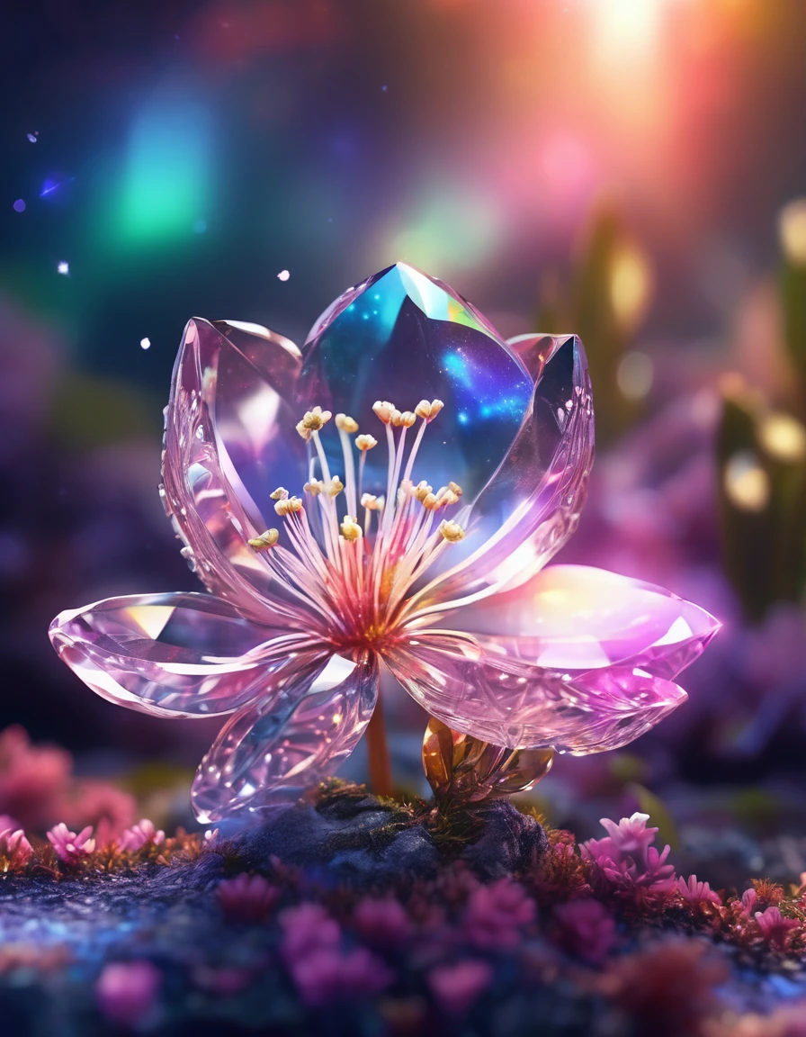 crystal spring blossom,
fantasy, galaxy, transparent, 
shimmering, sparkling, splendid, colorful, 
magical photography, dramatic lighting, photo realism, ultra-detailed, 4k, Depth of field, High-resolution