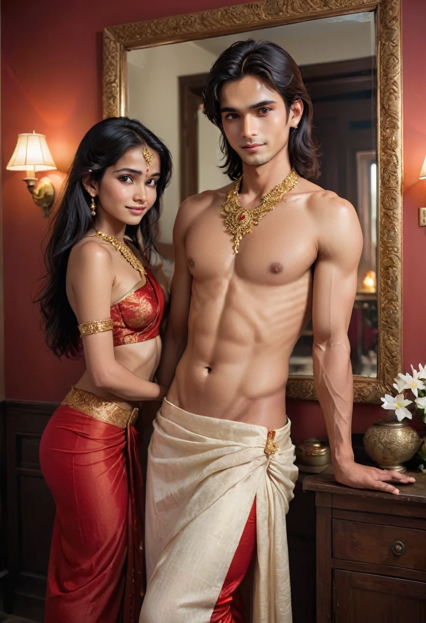 A stunningly beautiful shemale boy, a vision of grace and allure, dressed as an Apsara in the intimate confines of his home. He stands in front of a floor-length mirror, meticulously applying the final touches to his exquisite makeup with a delicate hand. The soft glow of candlelight casts a warm, flickering ambiance across the room, enhancing the rich hues of the red bra-type blouse that clings to his firm, yet delicately curved chest. The blouse is adorned with intricate gold embroidery that sparkles with every movement, emphasizing the seductive swell of his breasts. His sister, equally stunning in her own right, kneels beside him, her eyes focused and her hands deftly working to tie the drapes of a mini skirt-type saree around his slender waist. The vibrant red fabric pools around his hips, revealing toned, smooth legs that lead up to the alluring curve of his buttocks. The paleness of his skin contrasts dramatically with the vividness of the outfit, making him appear almost ethereal. Sheer fabric drapes sensuously over his lower body, hinting at the tantalizing secrets beneath while still maintaining an air of modesty. His sister's encouraging smile and gentle touches convey a sense of shared excitement and camaraderie. The room is a whirlwind of activity, with colorful accessories scattered across the floor and walls adorned with traditional art, reflecting the cultural richness of their heritage. The boy's long, dark hair cascades down his back, accentuating his high cheekbones and piercing eyes lined with kohl. His sister carefully places a garland of fresh jasmine around his neck, the sweet scent filling the air as the final piece of the ensemble. As they both gaze into the mirror, their reflections intertwine, a testament to the unbreakable bond they share and the transformative power of self-expression. The shemale's confidence radiates, a beacon of beauty and authenticity shining through the artful blend of masculine and feminine energy. The scene is a c