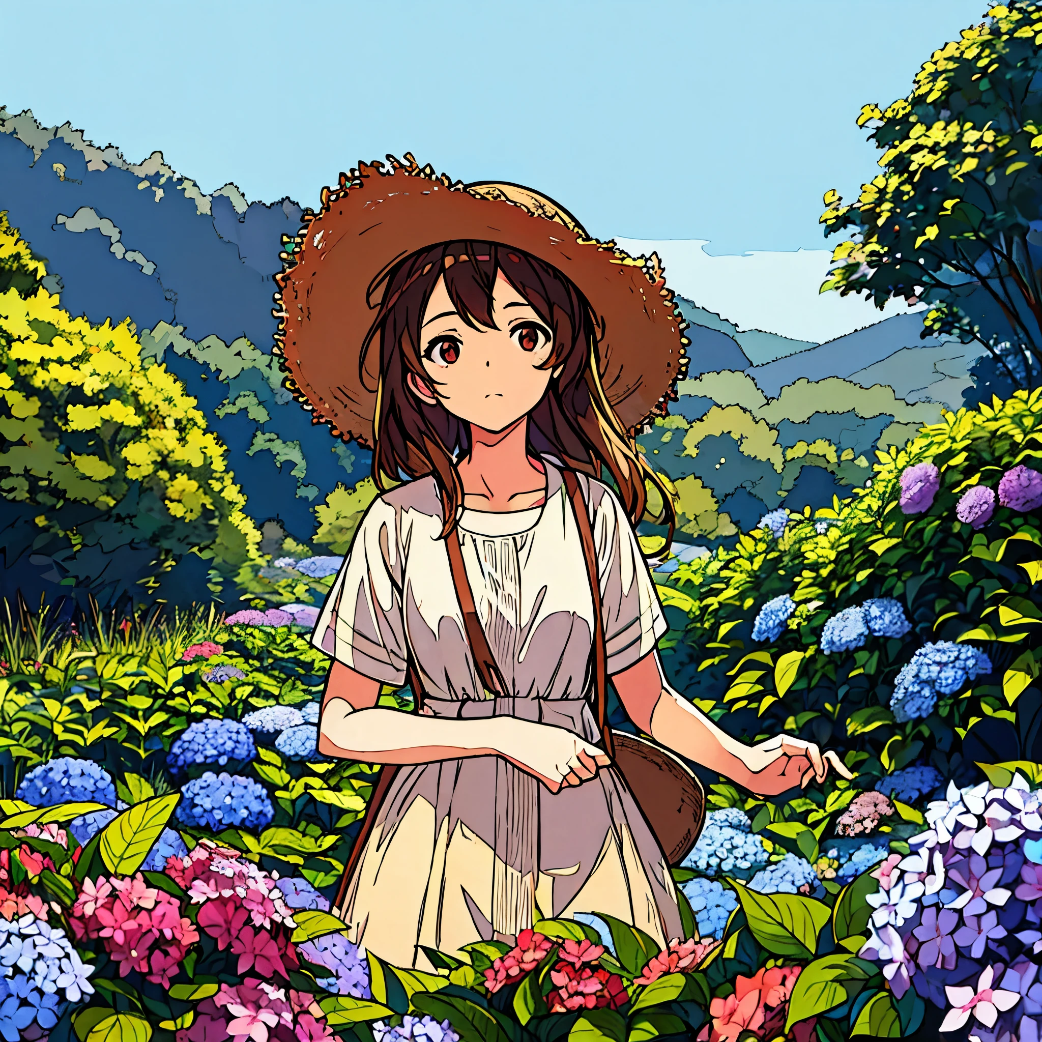 Straw hat girl, brown hair, hydrangea flower, nostalgic, simple scenery, expressionless, plain background