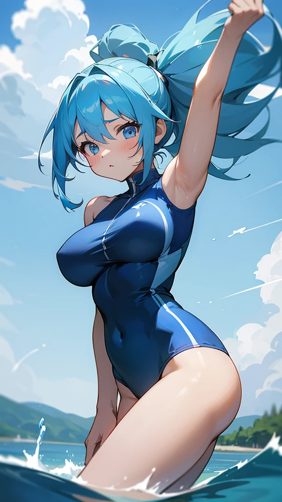 Big Breasts、pretty girl、Light blue hair、ponytail、high resolution、lake、Clean water、Beautiful sky、looking at the camera、Gym suit、Tight、magic、Rimuru=Tempest