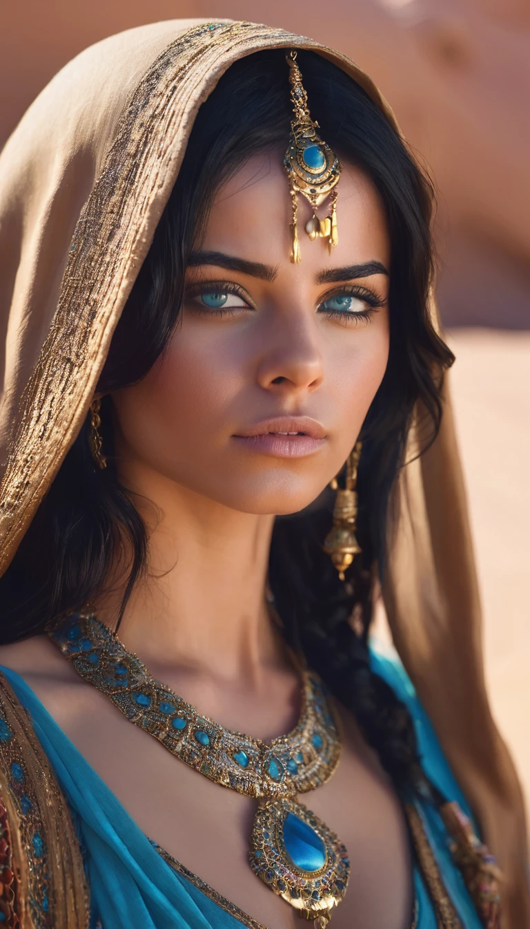 1 woman, desert princess, strong and serious expression, black hair, blue eyes, medium breast,  dramatic lighting, cinematic composition , cool color palette, beautiful face, thin chin, beautiful woman (best quality, 4K, 8K, high resolution, art: 1.2), ultra-detailed, (realistic, photorealistic, photorealistic: 1.37), arabic desert in background