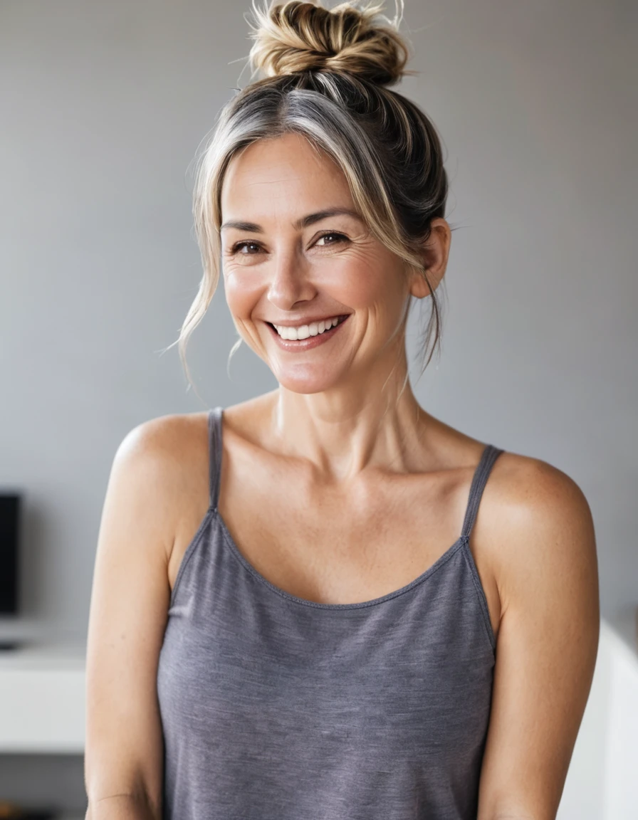 Messy Top Knot on smiling woman in her 40s