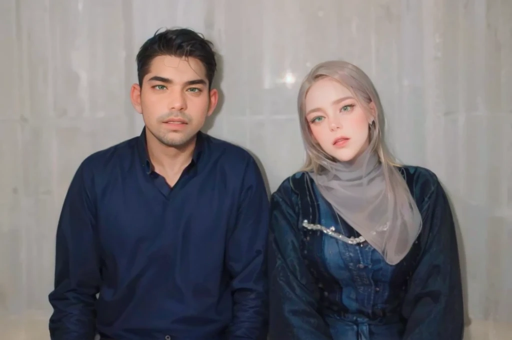 Couple, 1 girl 1 boy, different hair color, long blonde wavy hair no bangs and grey eyes, pink sundress, short black hair and (green eyes). Black shirt open and jeans, height different, detailed eyes, looking the viewer. They hug. Background mountain chalet at night