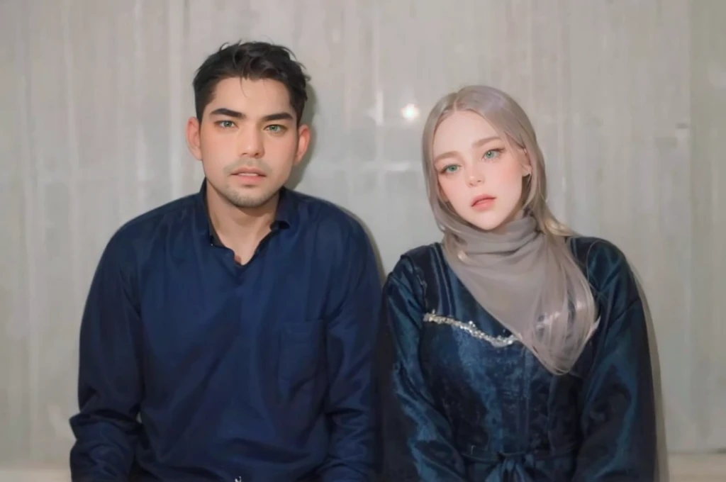 Couple, 1 girl 1 boy, different hair color, long blonde wavy hair no bangs and grey eyes, pink sundress, short black hair and (green eyes). Black shirt open and jeans, height different, detailed eyes, looking the viewer. They hug. Background mountain chalet at night