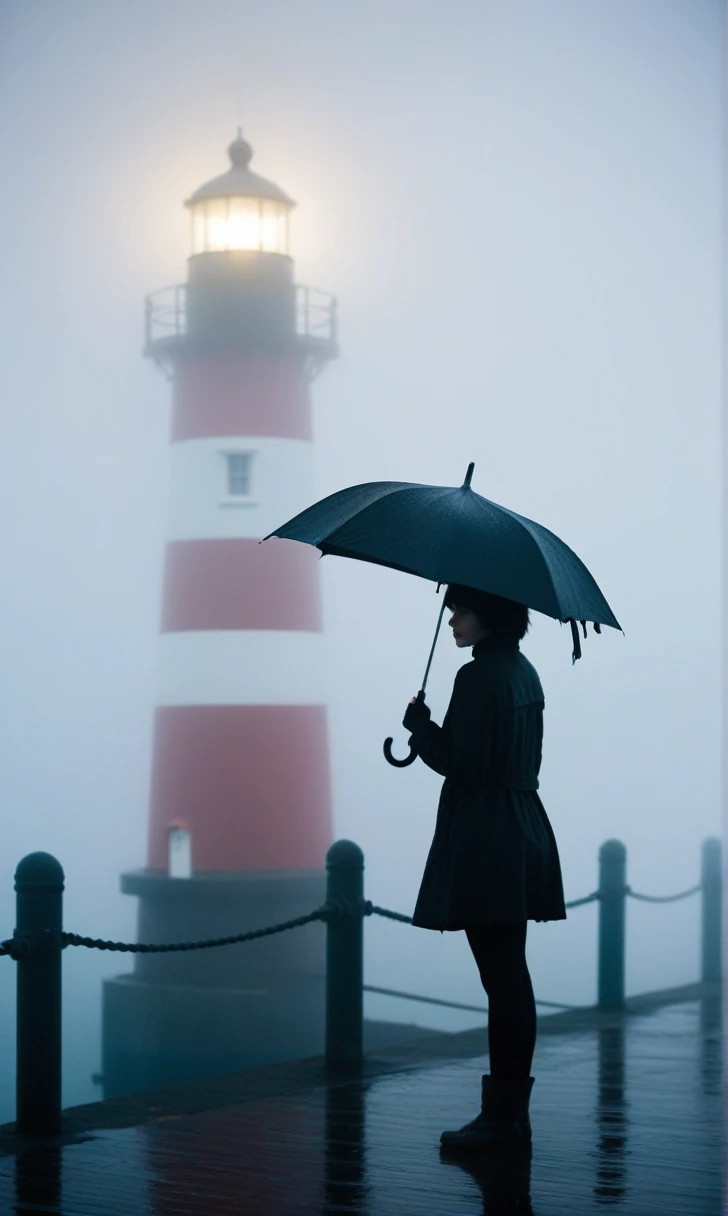 girl, short medium hair, cool,rain,blur,Fog,middle,cool,boring,,pier,only,lighthouse,Coast,
The dim light shines in the Fog,and the figure stands in the Fog holding an umbrella,