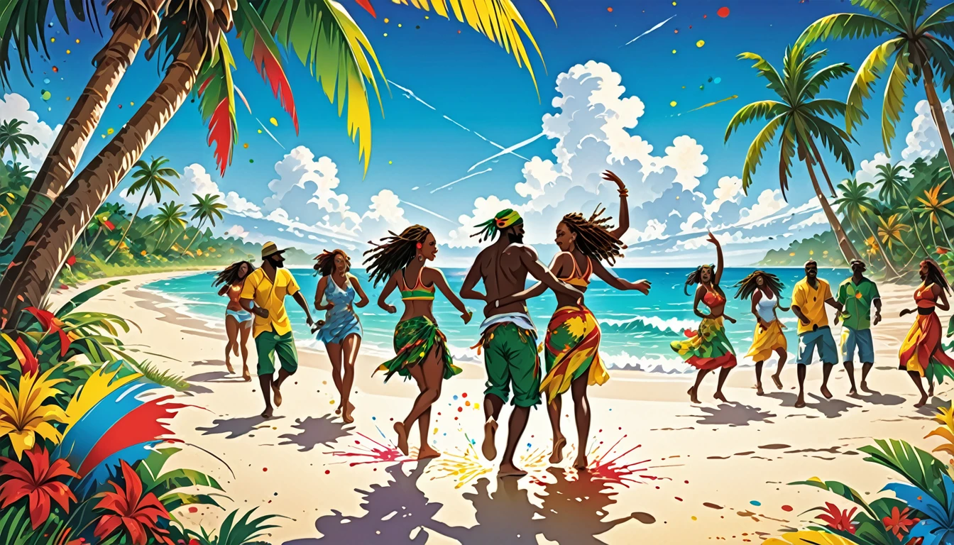 Vector art, Lots of Jamaican Reggae, Authentic Jamaican reggae music atmosphere,Color illustrations, in the center, Vibrant colors, Paint splatters and stains, High detail,
Palm tree、beach、Men and women dancing on the shore in the distance