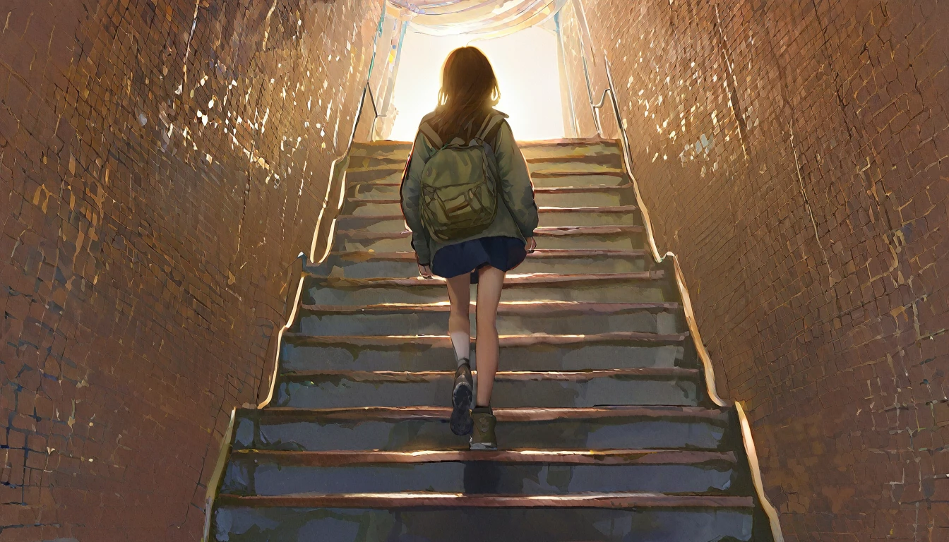 masterpiece,best quality,ultra detailed,(1girl:1.2),girl walking down subway stairs, back angle shot, dramatic lighting,female focus, centered, photoreal painting background
