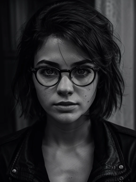 Raw monochrome photo, subject, (highly detailed skin:1.2), 8k contract, SLR camera, soft lighting, high quality, Granularity, monochrome film Fujifilm XT3, masterpiece,Best quality,ultra detailed,masterpiece, Photography for documents,1 girl 22 years old with aesthetic small breasts, upper body,,(((hairstyle))), very tousled dark brown tousled hair, тёмно-Brown eyes, glasses, black jacket,clear sharp focus, twilight, studio lighting,Shadow on the face, reflection in glasses lenses, отражение in the eyes, detailed eyes,Brown eyes,Beautiful eyes,detailed face,real leather,chiaroscuro, (high contrast):1.2, dramatic shadows, Bold text, moody atmosphere, Thrilling Intensity, expressive style of writing, black and white photography