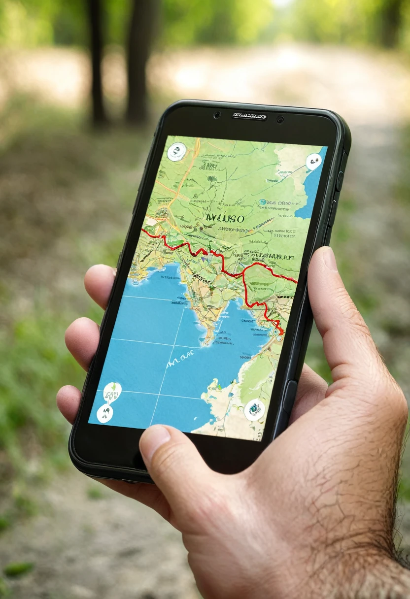 It's very realistic, with a smartphone in your hand and a map displayed on the smartphone screen, outdoors.