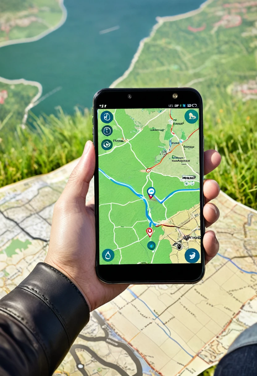 It's very realistic, with a smartphone in your hand and a map displayed on the smartphone screen, outdoors.
