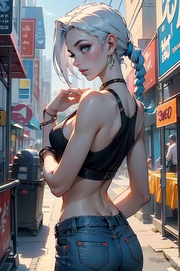 Goddess ((goddess-like woman)), slim elegant silhouette, masterpiece, (close angle), best quality, pale skin, fair skin, sweet face, (masterpiece:1,2, best quality), (real picture, intricate details), (1 lady , solo, medium tits, slim waistline, ), ((Jinx/LOL)),WHITE HAIR, a woman withe White short hair, White hair, aqua eyes, she has an impressive presence., short hair, bracelet, hoop earrings, jewelry, beautiful face, beautiful eyes, Side Pose, Side View, She is wearing a white simple tank top under a denim jacket and hip pants, simple Tanktop, Open Denim Jacket , beautiful back, back view, upperbody view, sweet irresistible smile, elegant pose, elegant hands, beautiful hands, perfect fingers,, background: She is standing in a Big city, busy city, dance club, outside, blue sky,