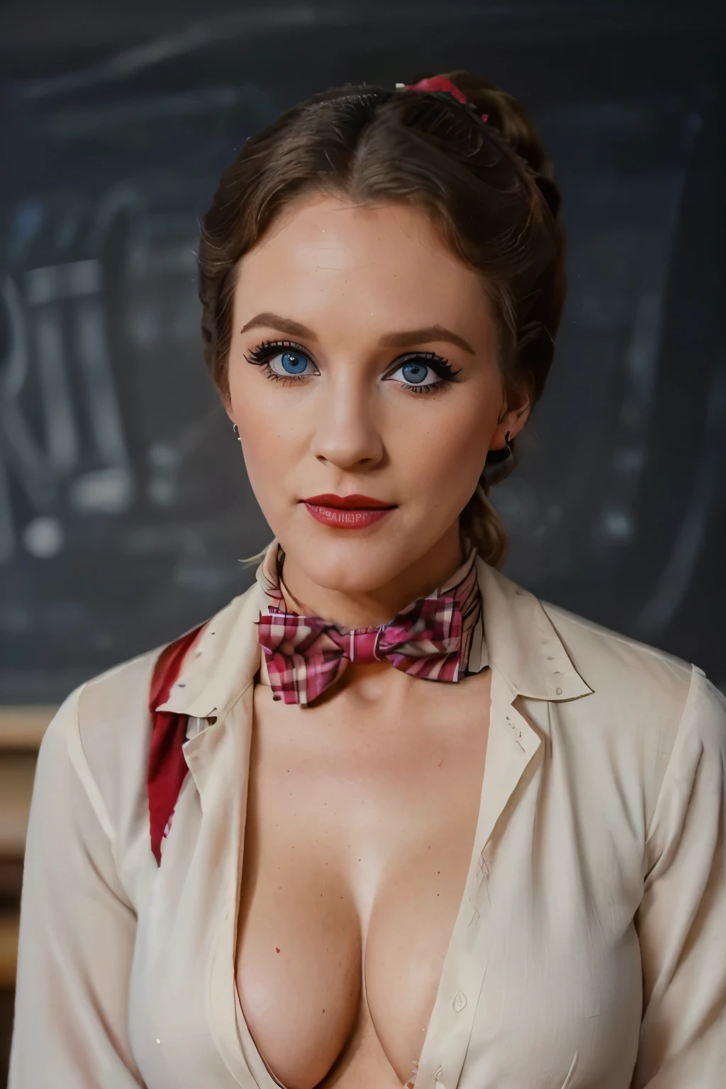 julieandrews, ,photo of a woman, ((open shirt, ponytail, bowtie, cleavage):1.1), ((classroom, chalkboard)), ((red lipstick, makeup)), ((best quality, masterpiece, extreme details, high resolution):1.2),((detailed eyes, beautiful eyes, detailed face, beautiful face):1.2)