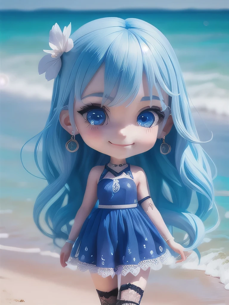 (masterpiece),(best quality),(ultra-detailed), (full body:1.2),
1girl,chibi,cute, smile,
Long blue hair, blue eyes, earring,
blue dress, lace legwear,
(at the beach),
seductive posture, smile,
(beautiful detailed face), (beautiful detailed eyes),