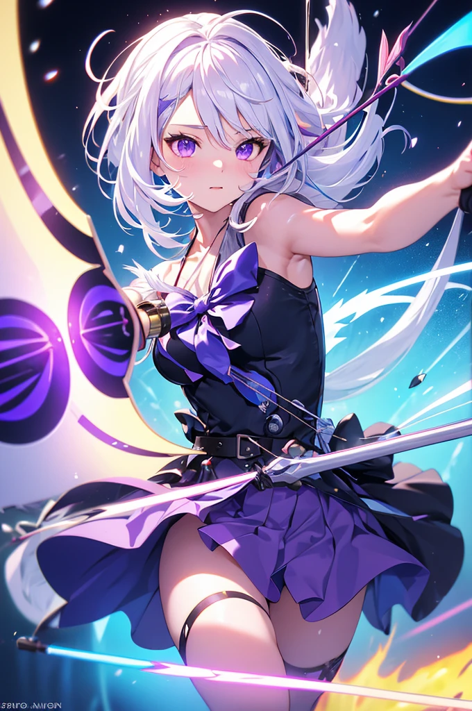 (masterpiece, best quality, chromatic aberration), colorful, 1girl, white hair, purple eyes, bow and arrow, wielding bow, archery, blue flames, glow, glowing weapon, light particles,