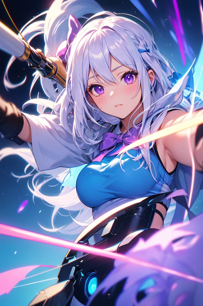 (masterpiece, best quality, chromatic aberration), colorful, 1girl, white hair, purple eyes, bow and arrow, wielding bow, archery, blue flames, glow, glowing weapon, light particles,