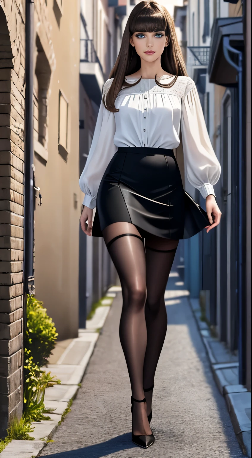 (Concept Art), masterpiece, Highest quality, Realistic, 8K RAW Photos, Tarot Card Style, Absurd iris texture, Accurate anatomy, Facing the audience, Cowboy Shot, (Realistic:1.5) , Perfect body, Beautiful Girl Pure Eros Face_v1, smile, 15 years old,Baby Face、White blouse、Black Skirt、Black tights、Small devil、Okabo hairstyles、bangs、glamorous,Ankle-high heels, (Thicker waist), Blue Eyes, Long legs, Long brown hair, walking down the alley , Dark fantasy,