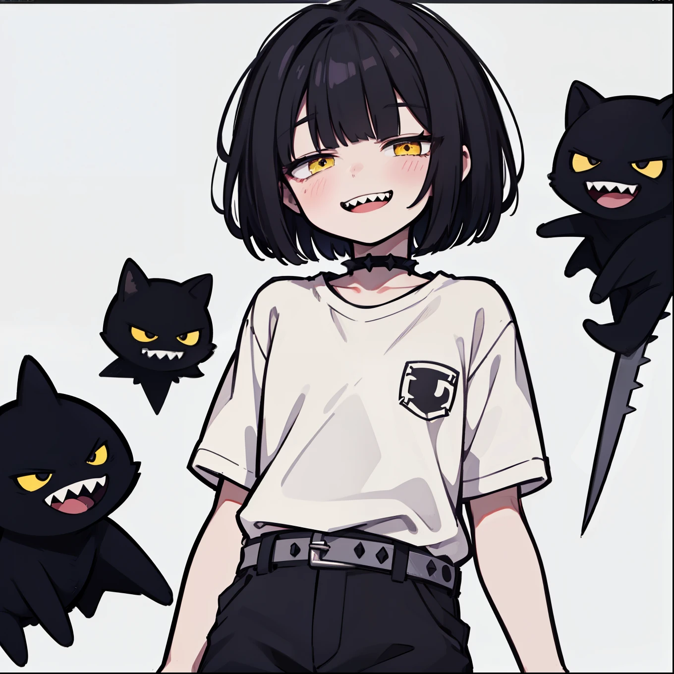{{{{masterpiece}}}},{{Highest quality}},{{Official Art}},{{Highly detailed CG Unity 8k wallpaper}},{{{Art Book}}},One boy, Black Hair, ((Short Hair)), ((Diagonal bangs)), Yellow Eyes, Jagged teeth, (((A nasty smile, Grin, Sharp teeth))), ((Short sleeve shirt)), Black trousers, Spiked Choker, belt, Dark Theme, {{White skin}}, shape, Bright Eyes, alone,