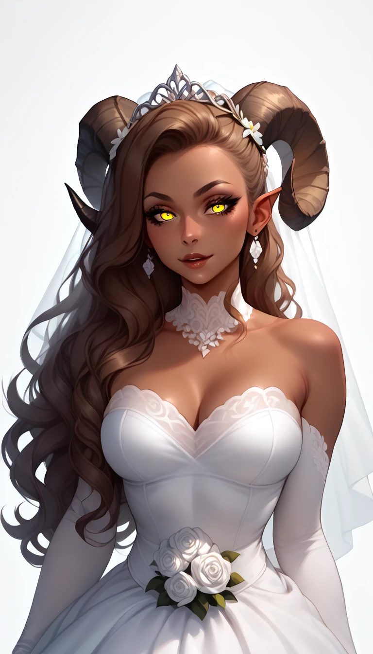 score_9, score_8_up, score_7_up, 1girl, solo,
flowing hair, glowing yellow eyes, curved ram horns, sharp ears, brown skin, demoness, (foxgirl:1.2),
monochromatic, eerie atmosphere,
(wedding dress), seductive, stark white background