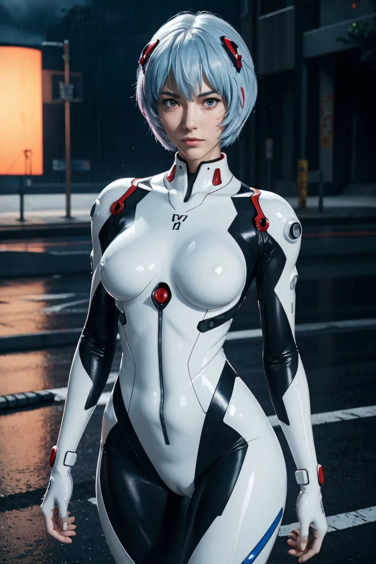 Evangelion,Rei Ayanami,Silver Blue Hair,Red eyes,Red Eyes,Plug Suit,Bodysuits,Interface Headset,白いBodysuits,Ultra HD,super high quality,masterpiece,Digital SLR,Photorealistic,Detailed details,Vivid details,Depicted in detail,A detailed face,Detailed details,Super Detail,Realistic skin texture,Anatomical basis,Perfect Anatomy,Anatomically correct hand,Anatomically correct fingers,Complex 3D rendering,Sexy pose,Rainy Sky,Beautiful scenery,Fantastic rainy sky,Picturesque,Pink Lips,
