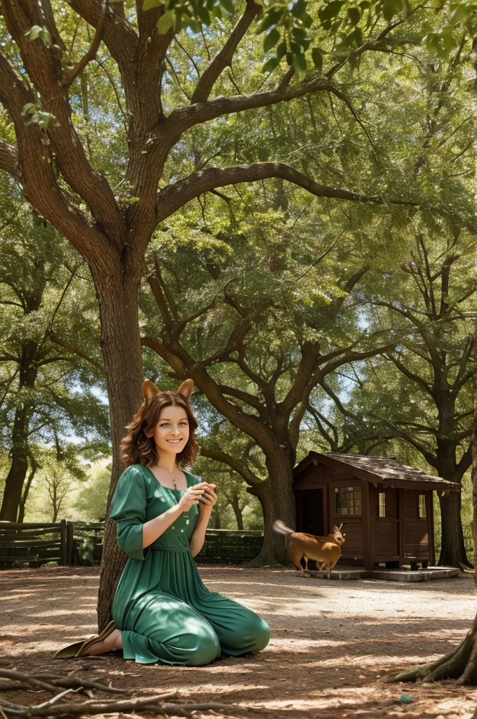 Various forest creatures, such as birds, squirrels, and rabbits, are seen around the oak tree. Some birds are nesting in its branches, while squirrels gather acorns from the ground. Elara watches with a gentle smile, appreciating the tree's role in the ecosystem.